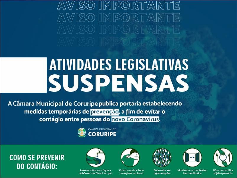 Imagem da notícia: Câmara publica portaria suspendendo parte das atividades em prevenção ao Coronavírus